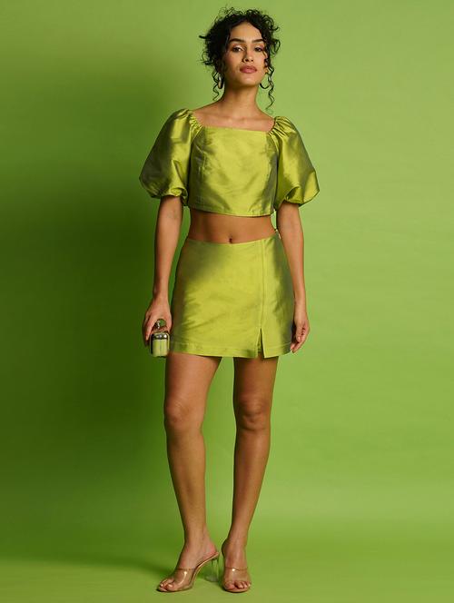 globus women lime balloon sleeve crop top with mini skorts co-ord set - 21276157 - Very Small Image - 1