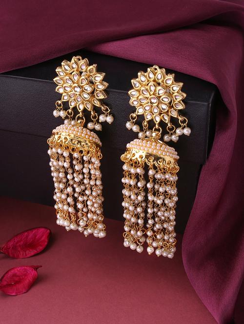 gold brass jhumka earrings - 21279384 - Very Small Image - 1