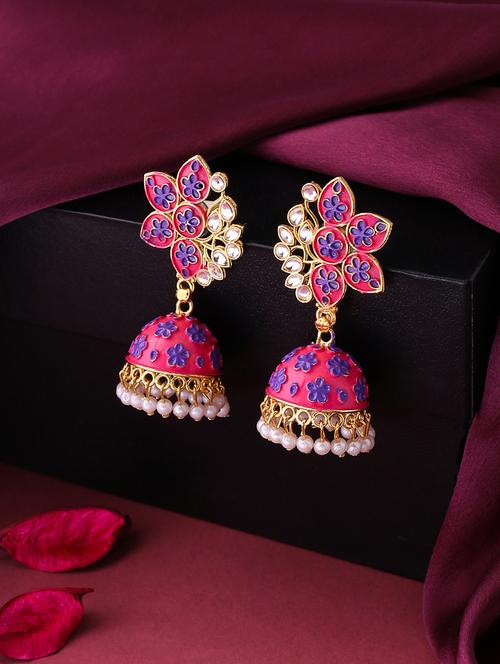 pink brass jhumka earrings - 21279391 - Very Small Image - 1