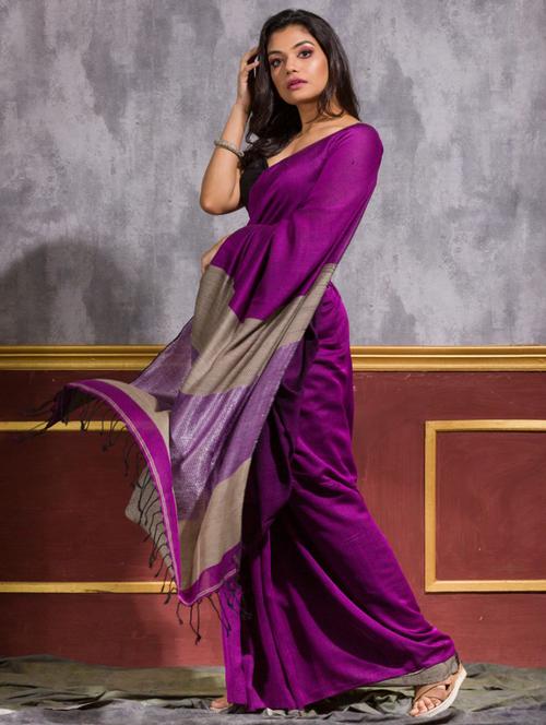 purple cotton handloom saree - 21283465 - Very Small Image - 1