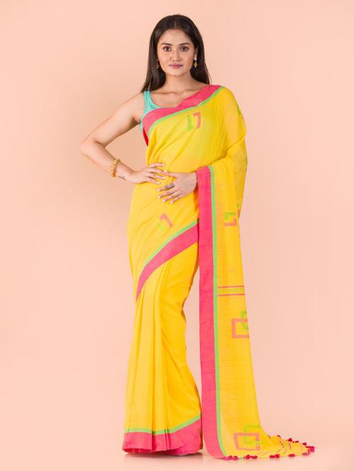 yellow cotton handloom saree with blouse - 21283535 - Very Small Image - 1