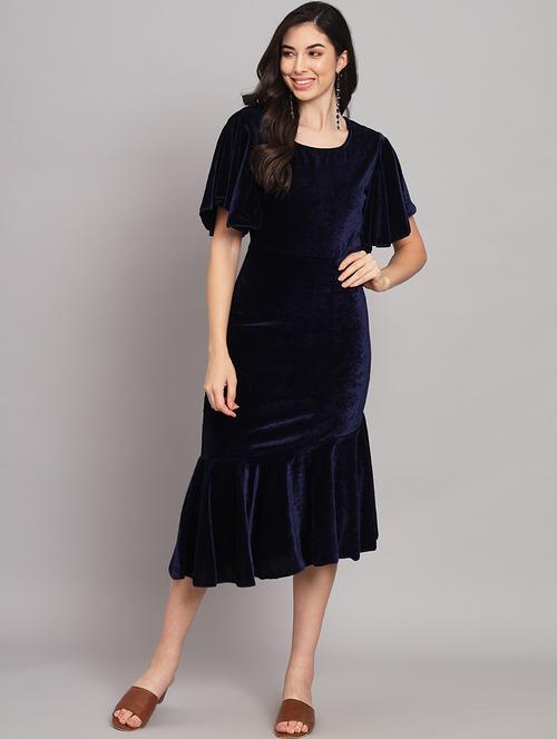 women navy blue velvet asymmetric dress - 21286050 - Very Small Image - 1
