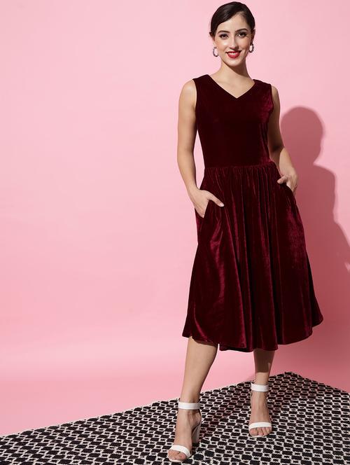 women maroon velvet fit & flare dress - 21286073 - Very Small Image - 1