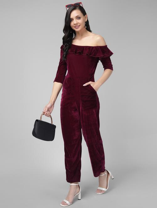 women maroon velvet full leg jumpsuit - 21286706 - Very Small Image - 1