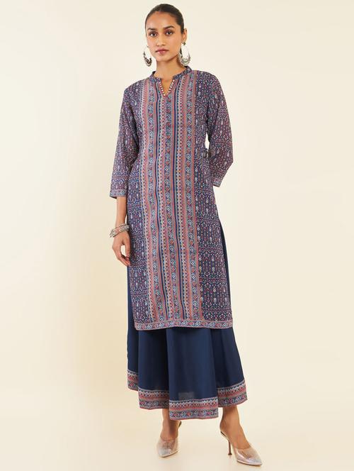 women navy blue printed kurta skirt set - 21288339 - Very Small Image - 1