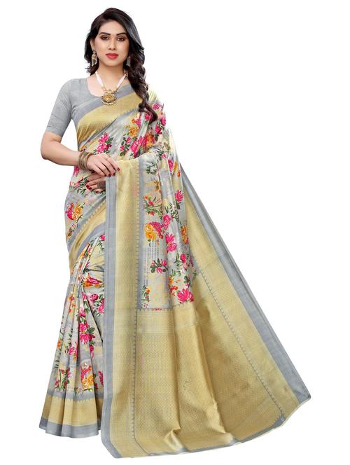 grey silk printed saree with blouse - 21298207 - Very Small Image - 1