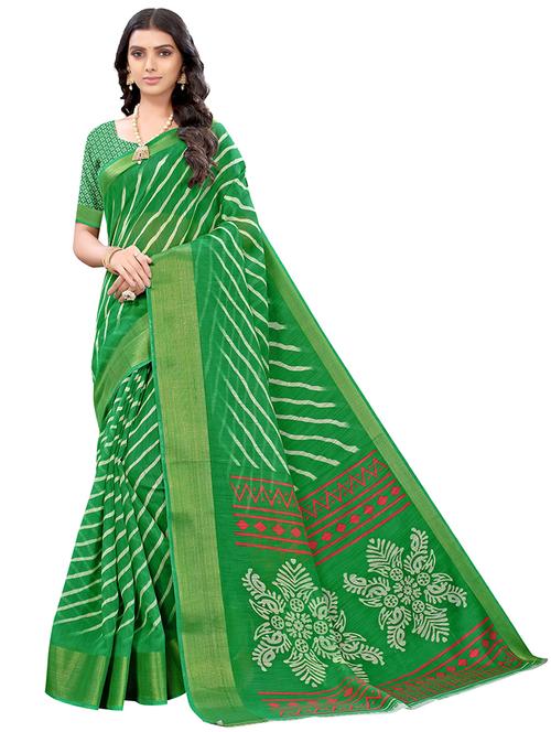 green cotton blend printed saree with blouse - 21298767 - Very Small Image - 1