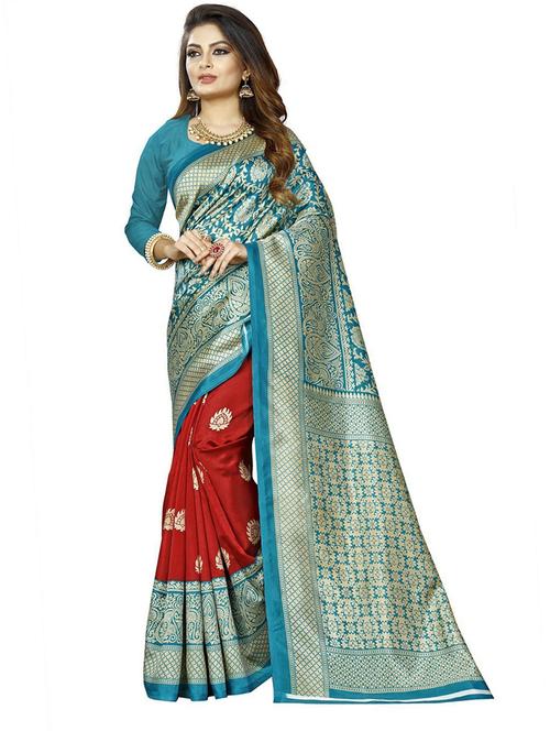 green art silk printed saree with blouse - 21298877 - Very Small Image - 1