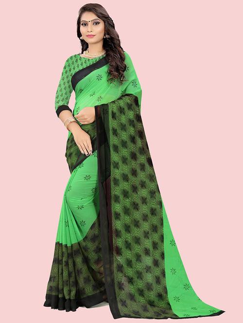women green printed georgette saree with blouse - 21299440 - Very Small Image - 1