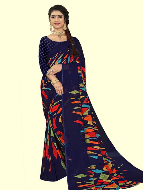 women navy blue printed saree with blouse - 21299687 - Very Small Image - 1