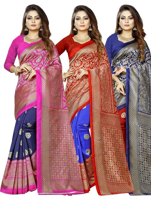combos pack of 3 self design sarees with blouse - 21299717 - Very Small Image - 1