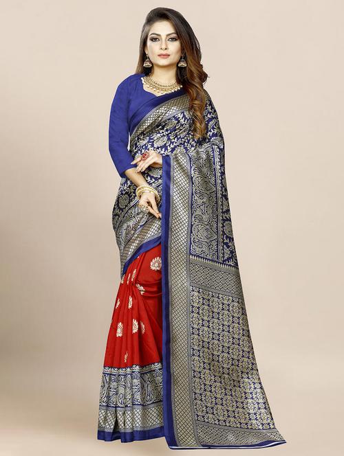 women red gold print saree with blouse - 21299896 - Very Small Image - 1