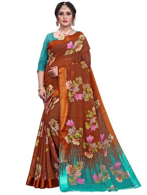 brown cotton blend printed saree with blouse - 21300709 - Very Small Image - 1