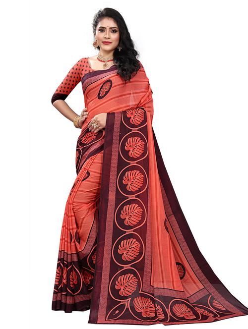 women coral printed saree with blouse - 21301652 - Very Small Image - 1
