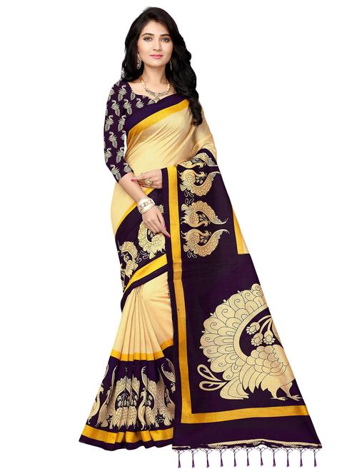 women cream printed bordered saree with blouse - 21301904 - Very Small Image - 1