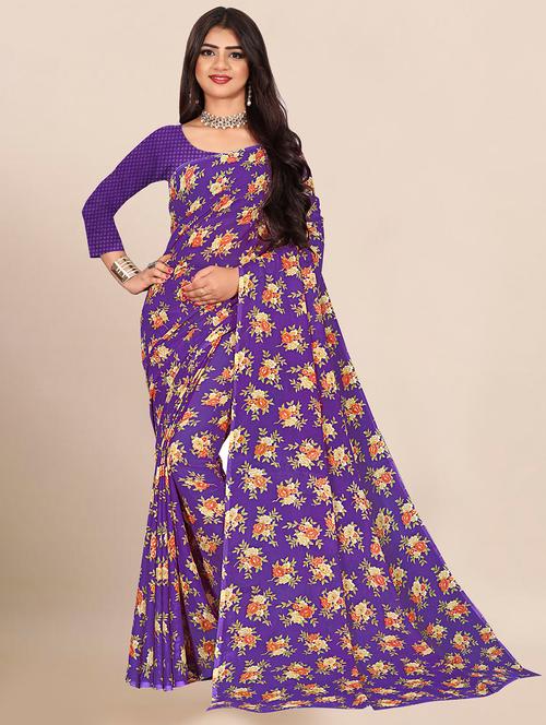 purple printed saree with blouse - 21302269 - Very Small Image - 1