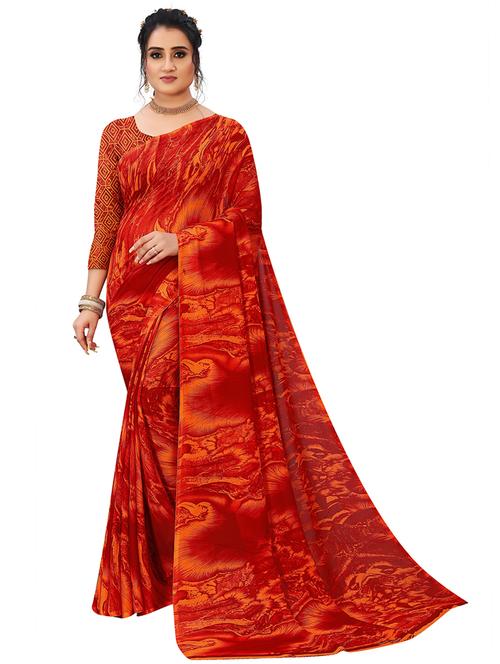 red georgette printed saree with blouse - 21302571 - Very Small Image - 1