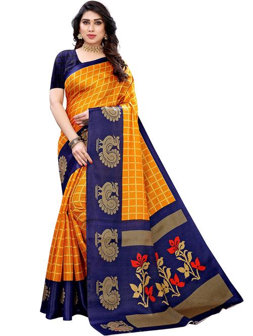 yellow checkered printed saree with blouse - 21302572 - Very Small Image - 1