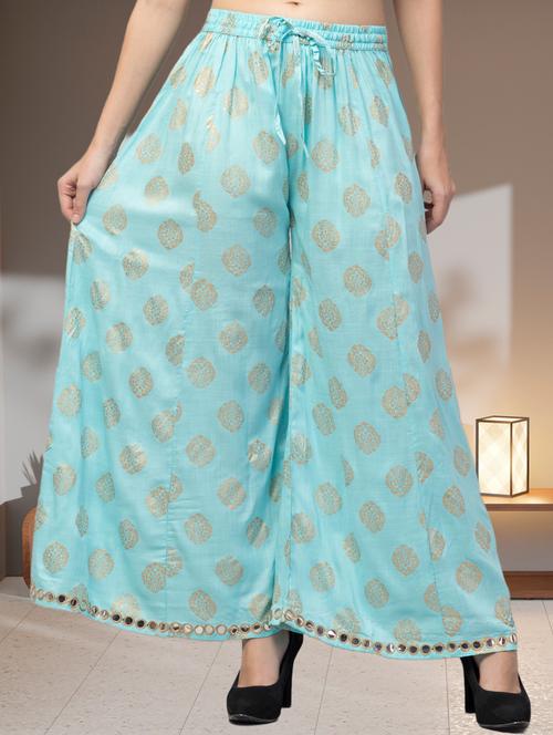 women light blue foil printed flared palazzo - 21304679 - Very Small Image - 1