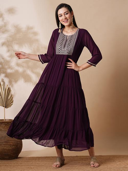 globus women purple embroidered & sequinned yoke fit & flare tiered festive maxi dress - 21305201 - Very Small Image - 1