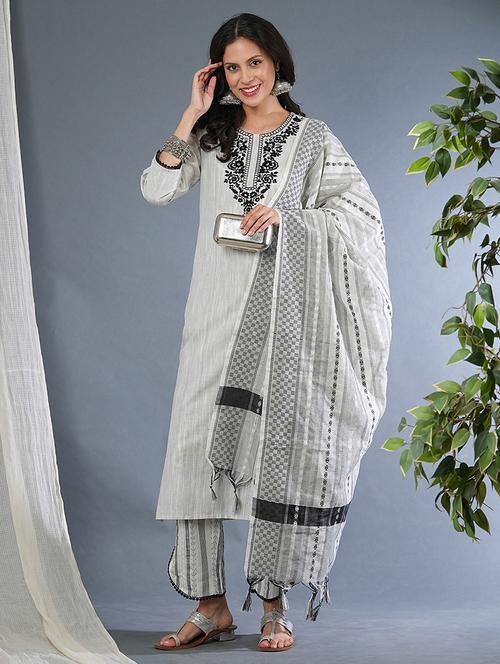 globus women white embroidered yoke straight workwear kurta with pants & tasselled dupatta set - 21305218 - Very Small Image - 1