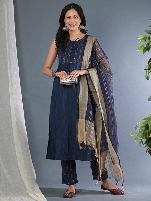 globus women blue tie-up neck yoke design straight workwear kurta with narrow pants & yarndyed dupatta set - 21305220 - Very Small Image - 1
