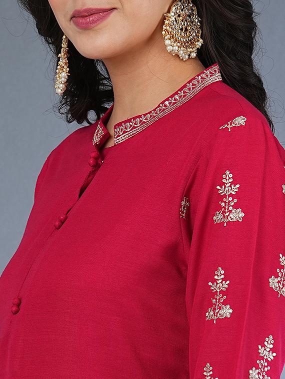globus women pink embroidered sleeves straight workwear kurta with pants & sequinned dupatta set - 21305225 - Standard Image - 5