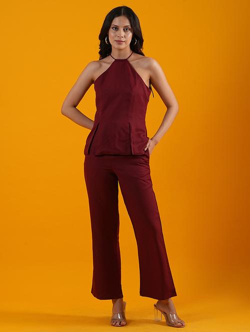 globus women maroon halter neck front slits moss crepe top with trousers co-ord set - 21305277 - Very Small Image - 1