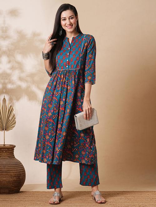 globus women blue allover floral printed gathered a-line workwear kurta with straight trousers set - 21305286 - Very Small Image - 1