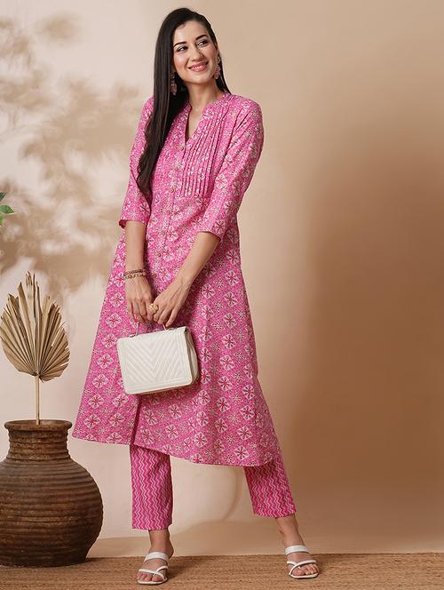 globus women pink mandarin neck with v cut allover printed pintuck detailing a-line workwear kurta with trousers set - 21305287 - Very Small Image - 1