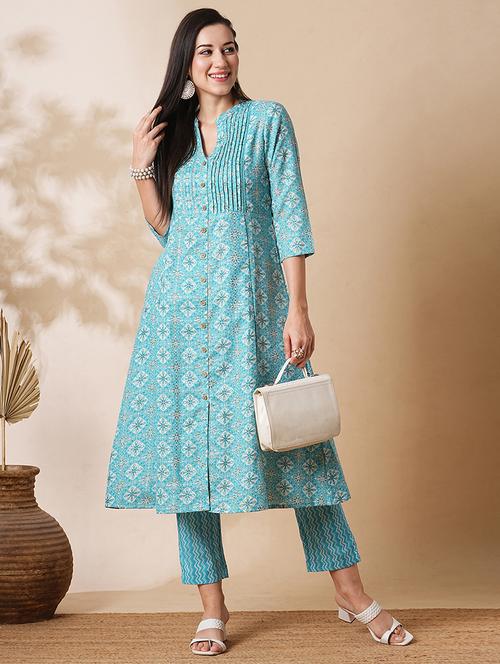 globus women blue mandarin neck with v cut allover printed pintuck detailing a-line workwear kurta with trousers set - 21305288 - Very Small Image - 1