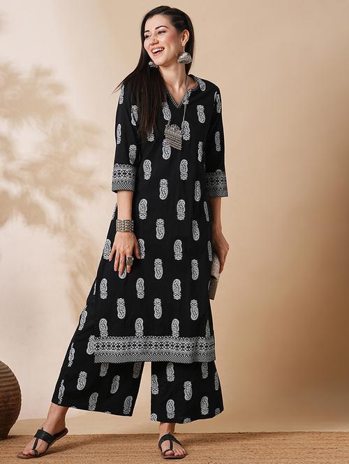 globus women black allover paisley printed straight workwear kurta & palazzos set - 21305290 - Very Small Image - 1