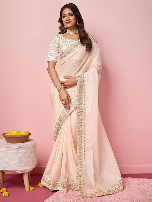 women beige lace work embroidered saree with blouse - 21305437 - Very Small Image - 1