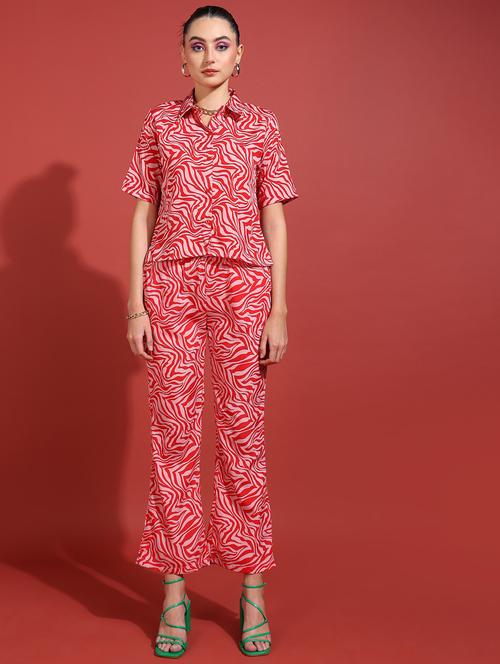 red polyester shirt and trouser co-ord set - 21306084 - Very Small Image - 1