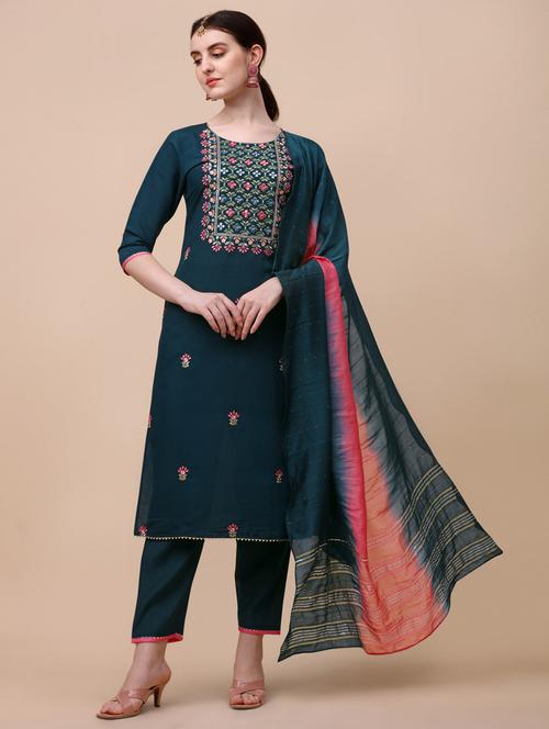 teal chanderi kurta dupatta  set - 21309016 - Very Small Image - 1