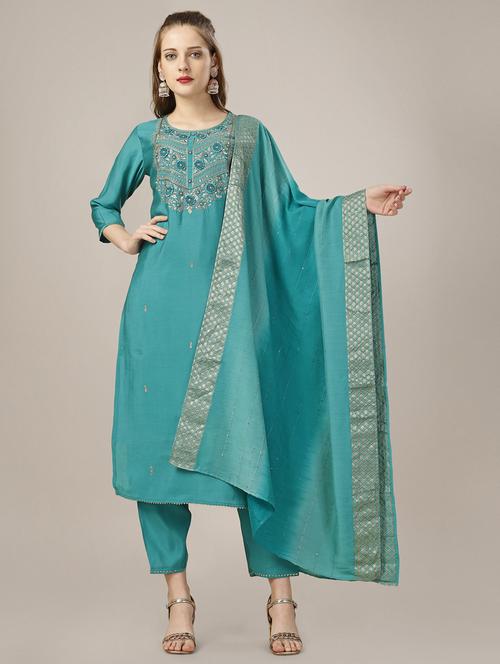 turquoise chanderi kurta dupatta  set - 21309035 - Very Small Image - 1