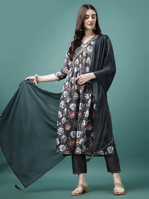 Grey Silk Kurta Dupatta Set - 21309088 - Very Small Image - 1