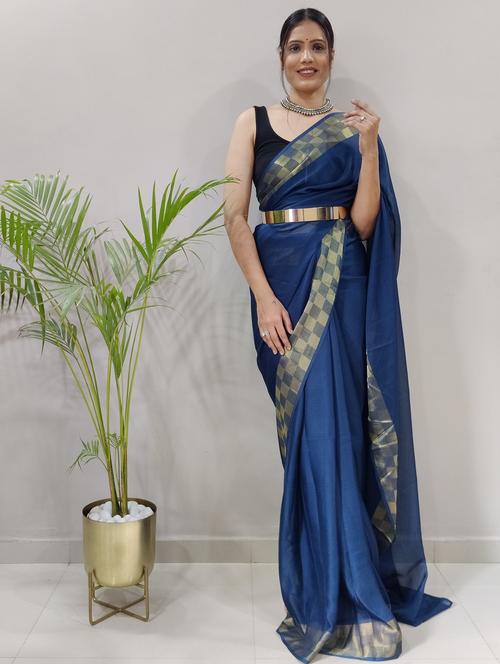 women blue solid bordered saree - 21309778 - Very Small Image - 1