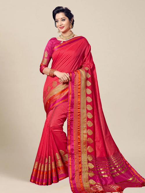women pink solid bordered saree with blouse - 21317529 - Very Small Image - 1