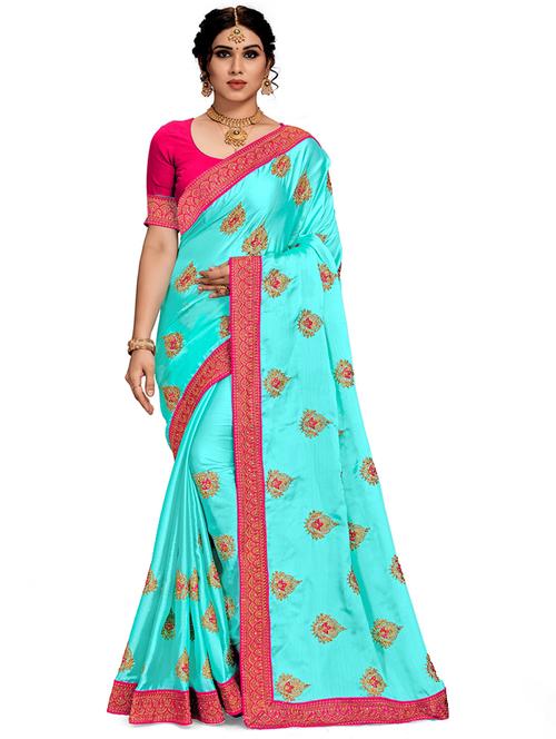 Women Light Blue Embroidered Saree With Blouse - 21318083 - Very Small Image - 1