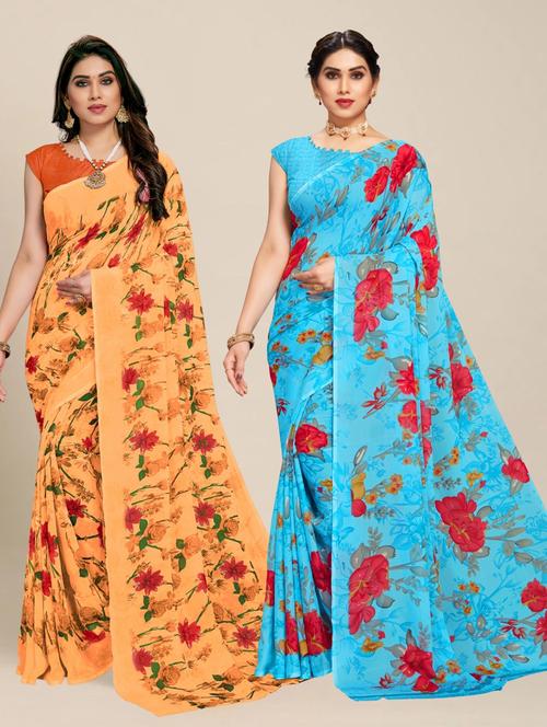 set of 2 multi colored printed sarees - 21318293 - Very Small Image - 1