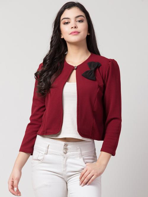 women maroon solid three quarter sleeve shrug - 21322633 - Very Small Image - 1