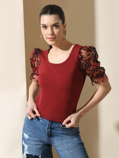 women maroon cotton blend regular top - 21322782 - Very Small Image - 1