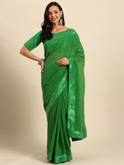 women green sequin work saree with blouse - 21324844 - Very Small Image - 1