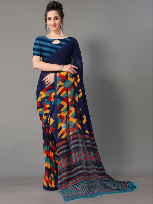 blue printed saree with blouse - 21336499 - Very Small Image - 1