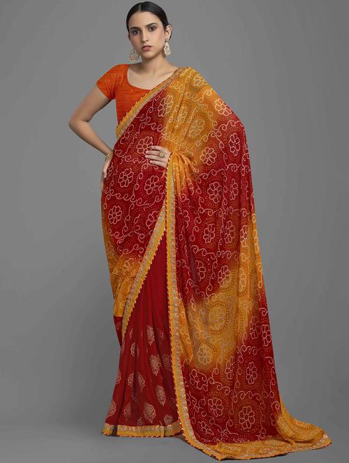 red bandhani printed saree - 21337461 - Very Small Image - 1