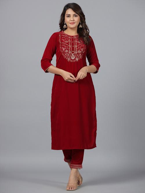 maroon embroidered kurta pant set - 21337733 - Very Small Image - 1
