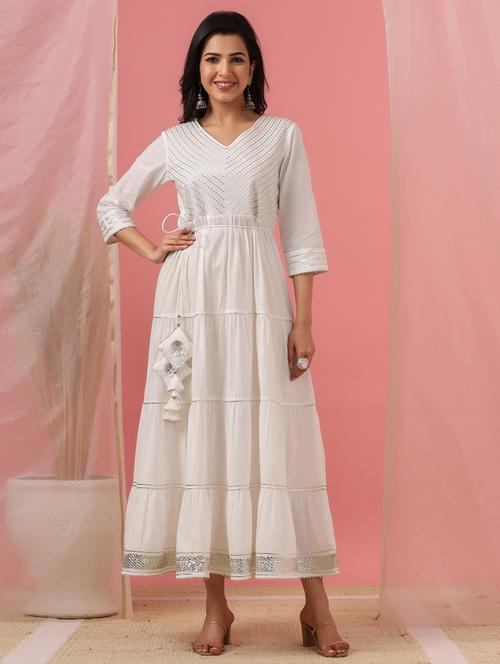 white cotton tiered ethnic dress - 21337748 - Very Small Image - 1