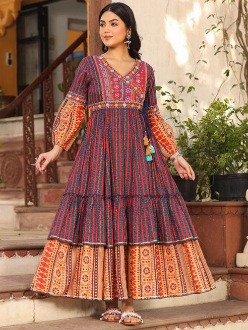 rust cotton tiered ethnic dress - 21337857 - Very Small Image - 1