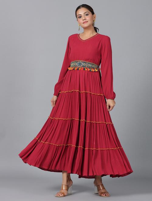women v-neck solid tiered ethnic dress - 21337962 - Very Small Image - 1